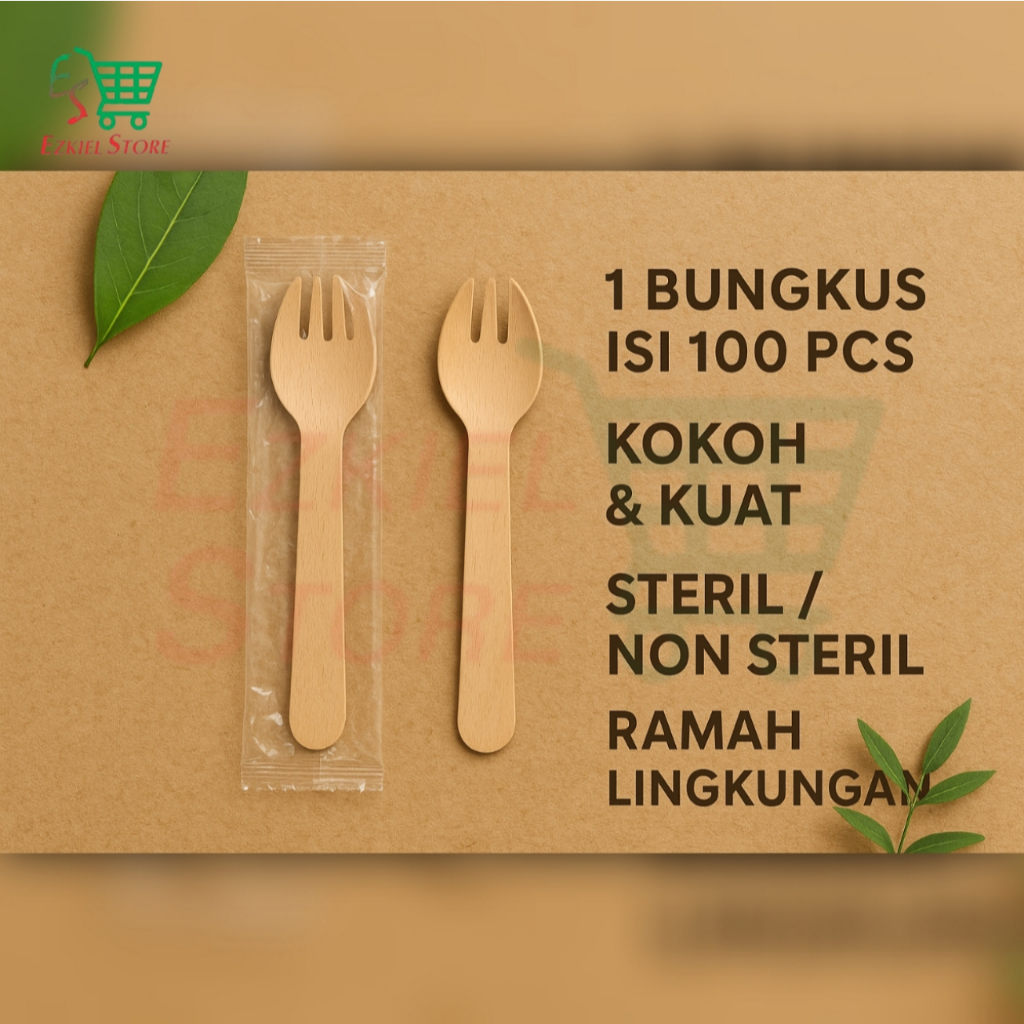 Spork Kayu Sekali Pakai Wooden Spork Sendok Garpu 2 in 1