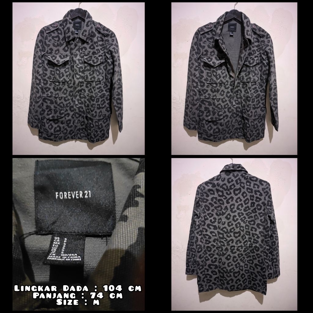 Jaket Parka Warna Hijau Army Motif Leopard Merk Forever 21 Second Original.