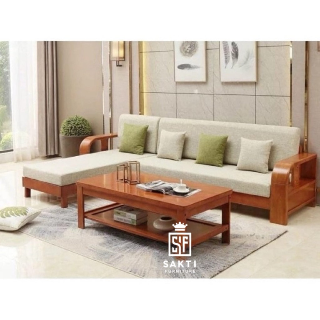 Sofa sudut kayu jati minimalis Set sofa L kayu solid minimalis Sofa sudut L minimalis
