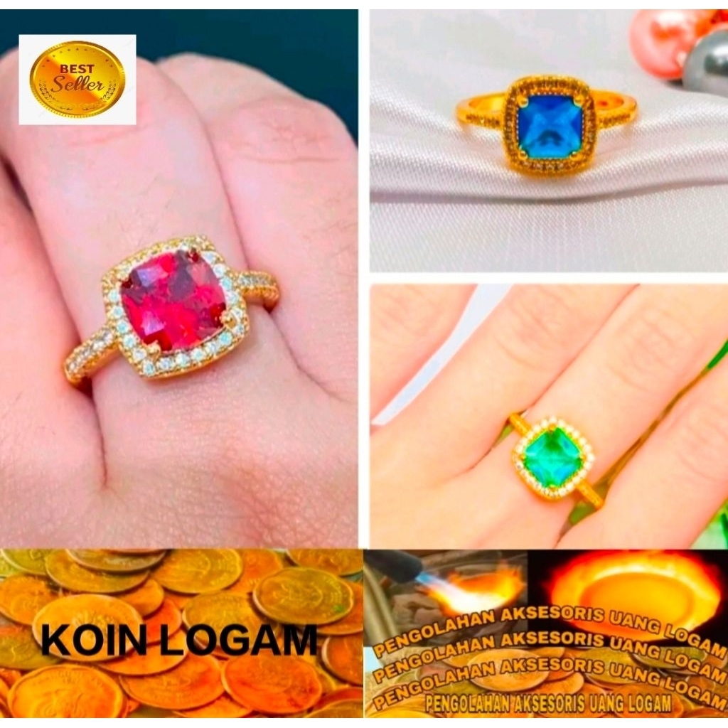 Cincin Wanita Permata Kotak Anti Karat Lapis Emas Terbaru Koin 91 Ori Perhiasan Cantik Mewah Elegan