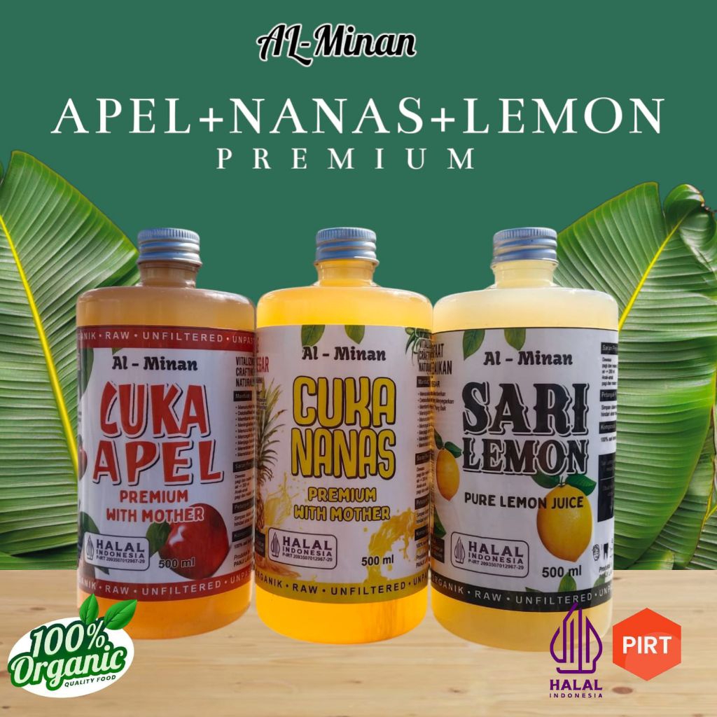 

3 in 1 paket hemat cuka apel 500 ml + cuka nanas 500 ml + sarilemon 500 ml. premium with mother. apel cider
