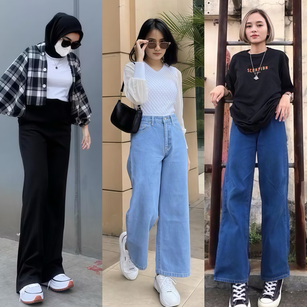 Teruwuw Celana jeans wanita highwaist kulot wanita panjang jins Loose korea jeans Mutiara jeans