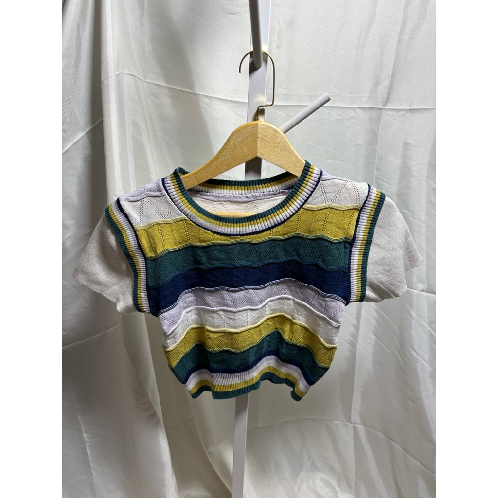 ZQ032 Atasan Wanita Top Korean Style Motif Garis Garis Kaos Outer