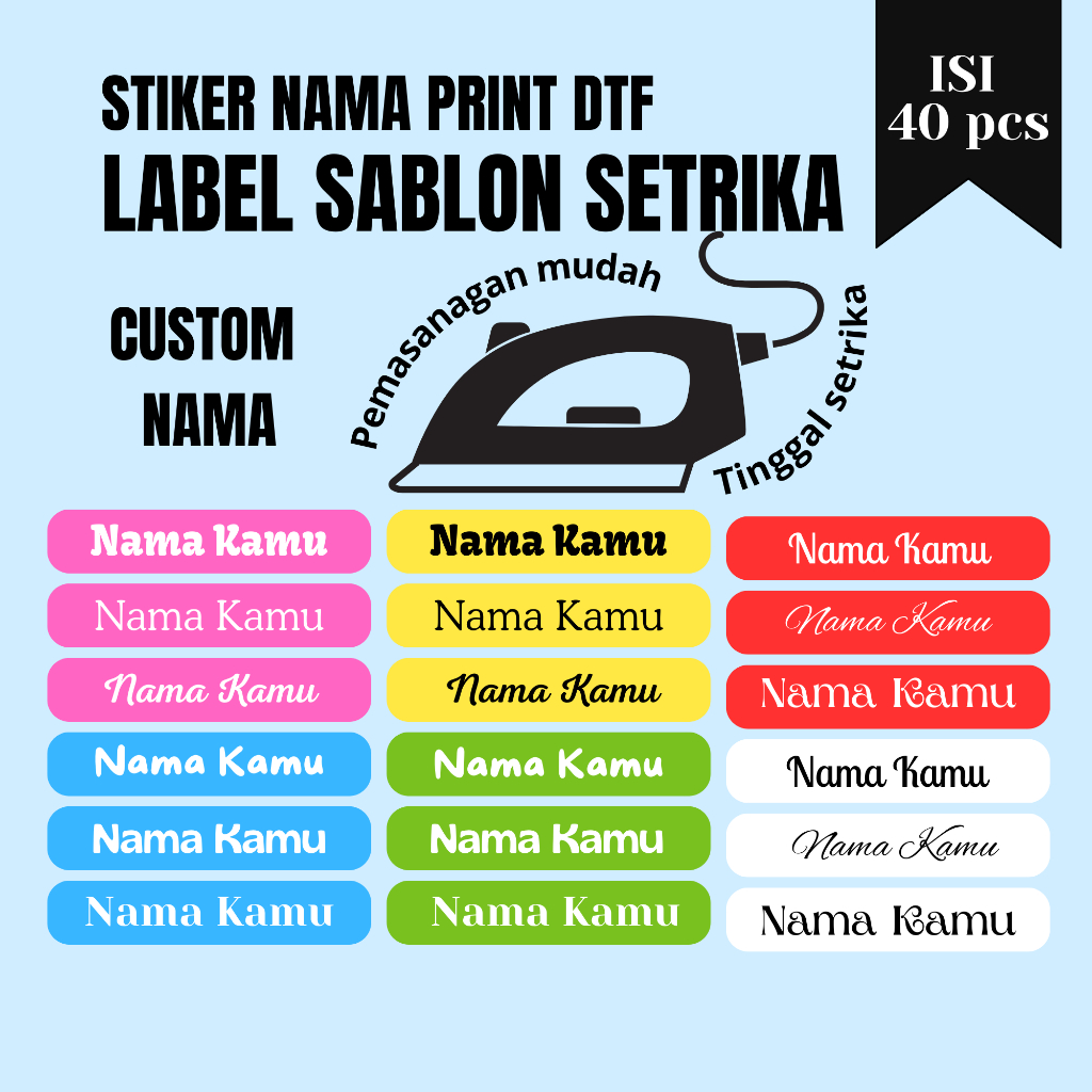 

Sablon Setrika Printing Custom Stiker Label Nama Tinggal Gosok isi 40 pcs untuk kain baju
