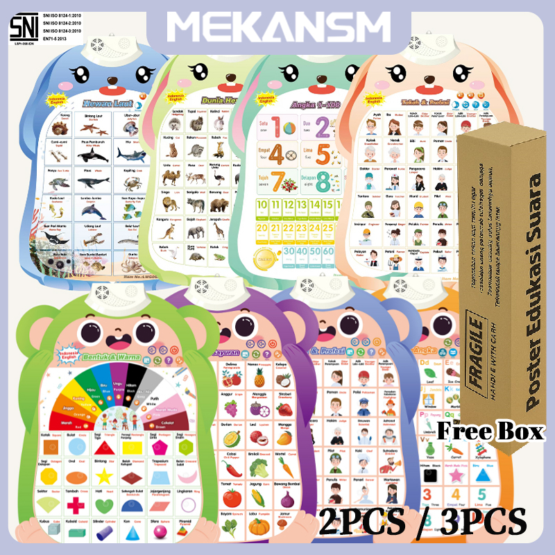 MEKANSM 3PCS Kombinasi Poster Edukasi Suara Anak Belajar Bahasa Indonesia  / Poster Dinding Suara / 
