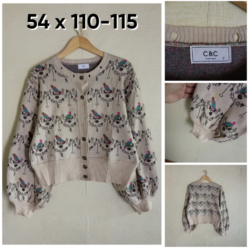 Cardigan Tebal C&C Original Design Coklat Motif Burung O Neck Size L Lengan Bal0n OB096