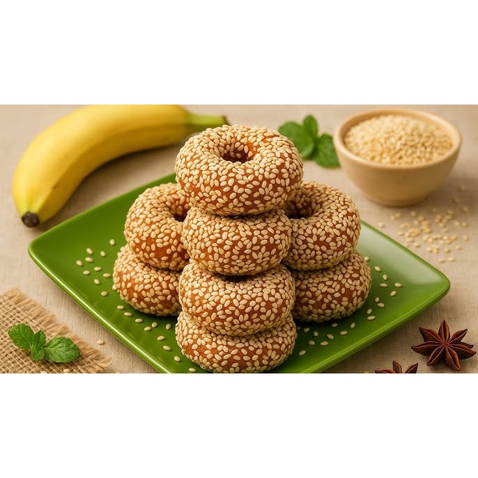 

Donat WIjen, Donat Pisang Wijen - Varian rasa Original, coklat Lumer dan Keju Lumer Mozzarella