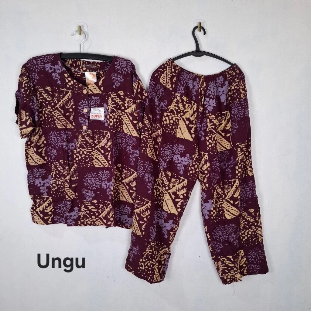 Daster kencana ungu stelan celana panjang lengan baju pendek motif bung model terbaru