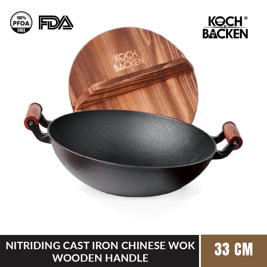 KOCH&BACKEN Nitriding Pre-seasoned Cast Iron Wok Flat Bottom 33cm - Wajan Kuali Penggorengan Besi Co