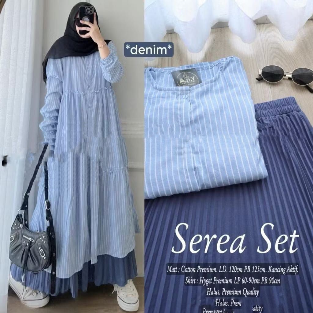 Baju Setelan Wanita Muslim Serea Set Rok Bawahan Hyget Plisket Polos Atasan Katun Long Tunik Garis C