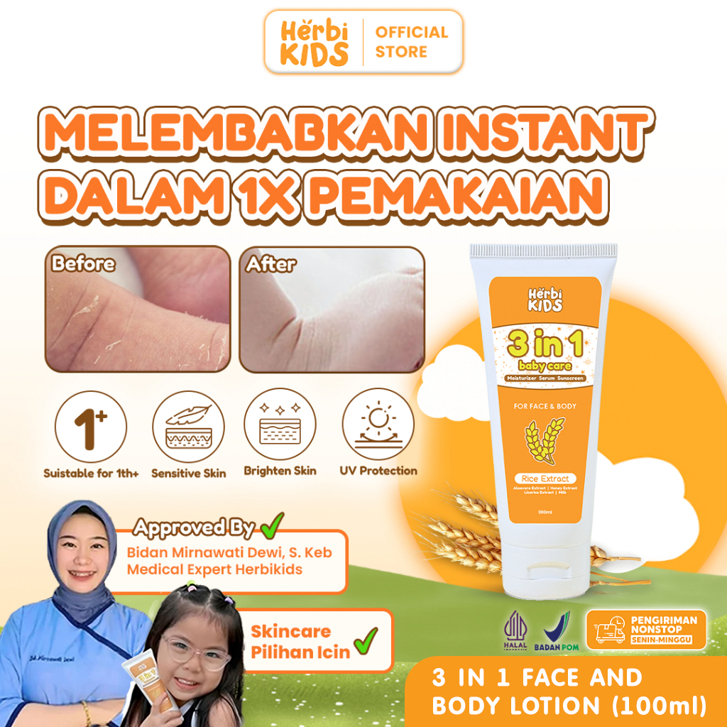 Herbikids 3in1 Face And Body Lotion 100ml Krim Pelembab, Pencerah dan Anti Iritasi Kulit Anak dan Ba