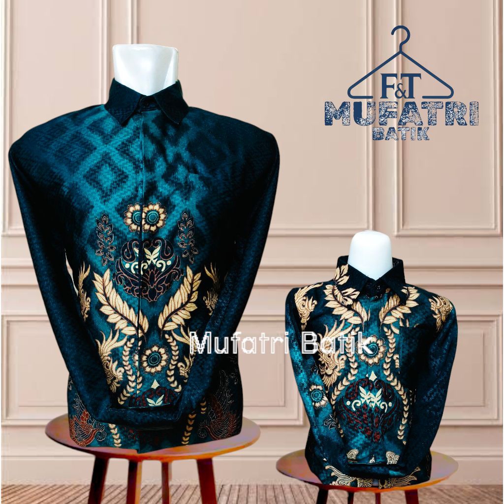 atasan kemeja batik bahan dobby warna hijau emerald couple ayah dan anak lengan panjang//batik acara