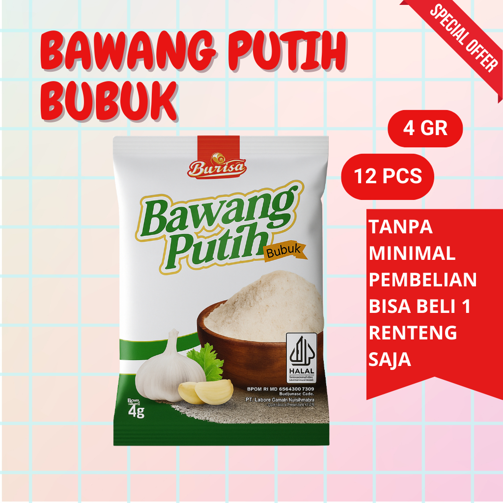 

Bawang Putih Bubuk Bu Risa 4gr – 1 Renteng Isi 12 Sachet Bumbu Tabur Gurih & Praktis