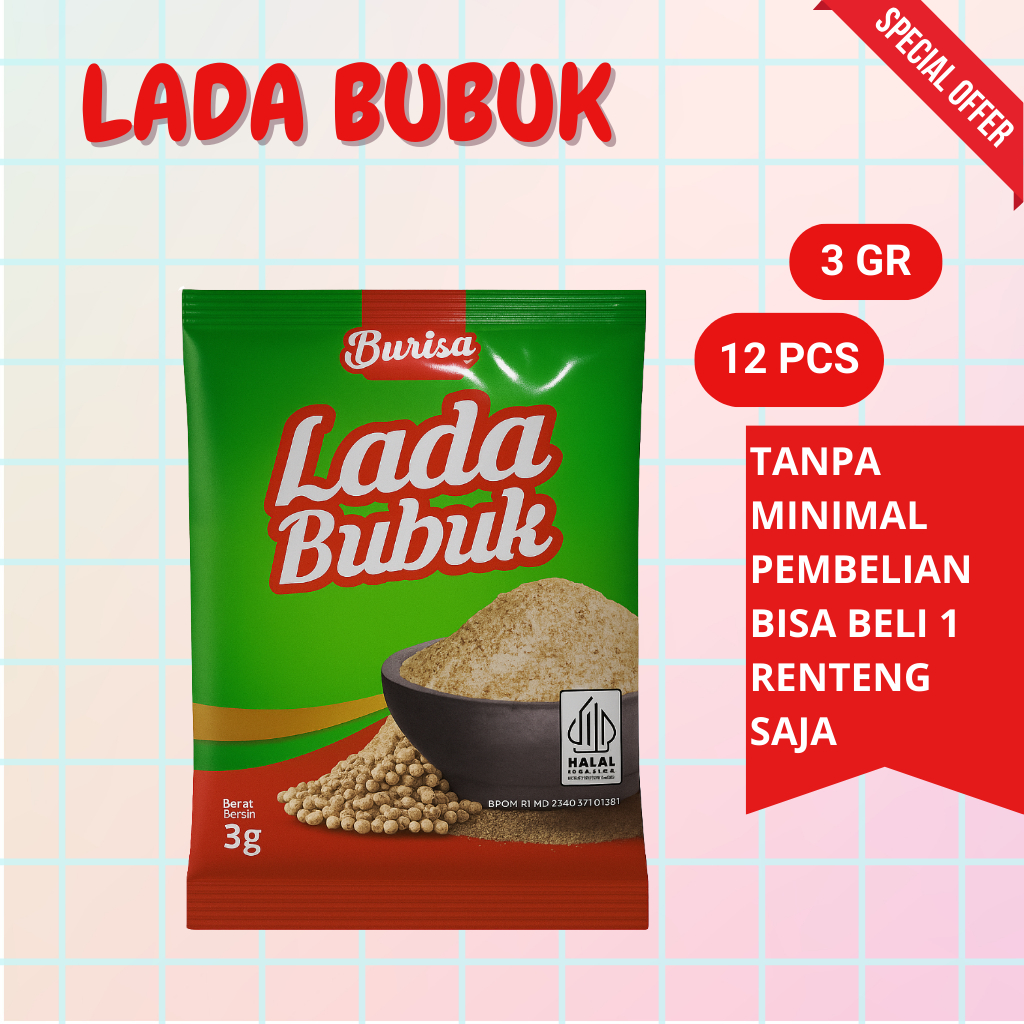 

Lada Bubuk Bu Risa 3gr – 1 Renteng Isi 12 Sachet Merica Bubuk Halus Praktis & Aromatik