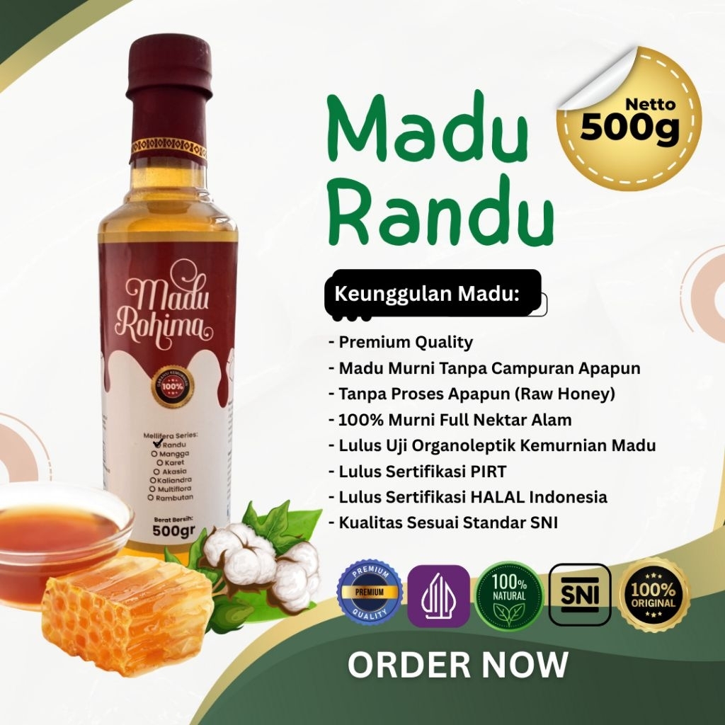 

Madu Randu Premium 500gr MURNI ASLI tanpa campuran full nektar 100% Rohima_ Standar SNI Grade A Raw Honey Madu Keluarga sehat