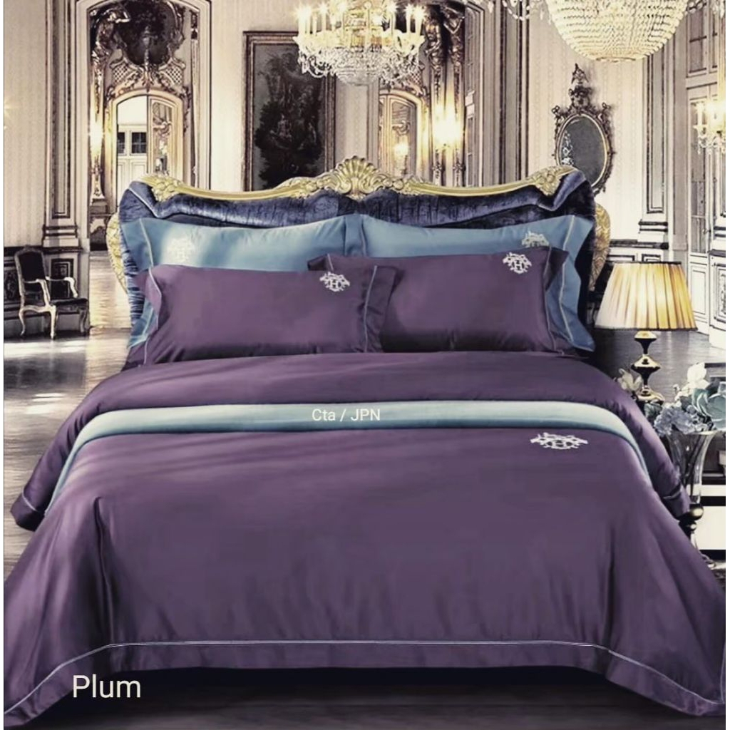 sprei dan bed cover set katun jepang import warna polos ungu plum