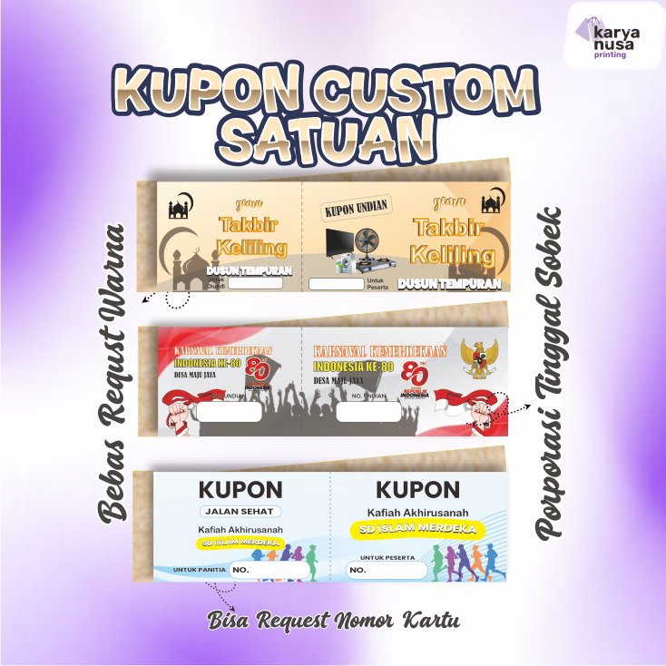 Kupon Custom Free Design Bebas Request Tanpa PO Ukuran 15x6cm, Kupon Jalan Sehat 17 Agustus, Karnava