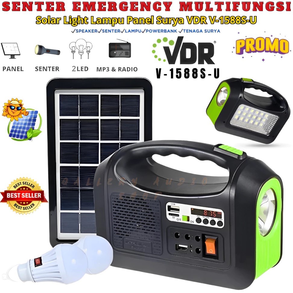 COD Solar Light Lampu Panel Surya VDR V-1588S-U Speaker Bluetooth Dengan 2 Bohlam - Solar Lighting S