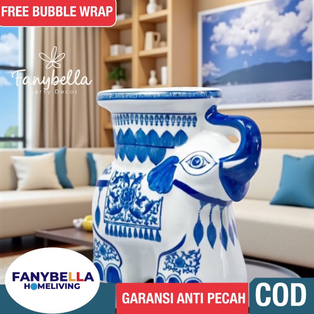 Pajangan Keramik Gajah Guci Porselen Biru Putih Import Dekorasi Rumah
