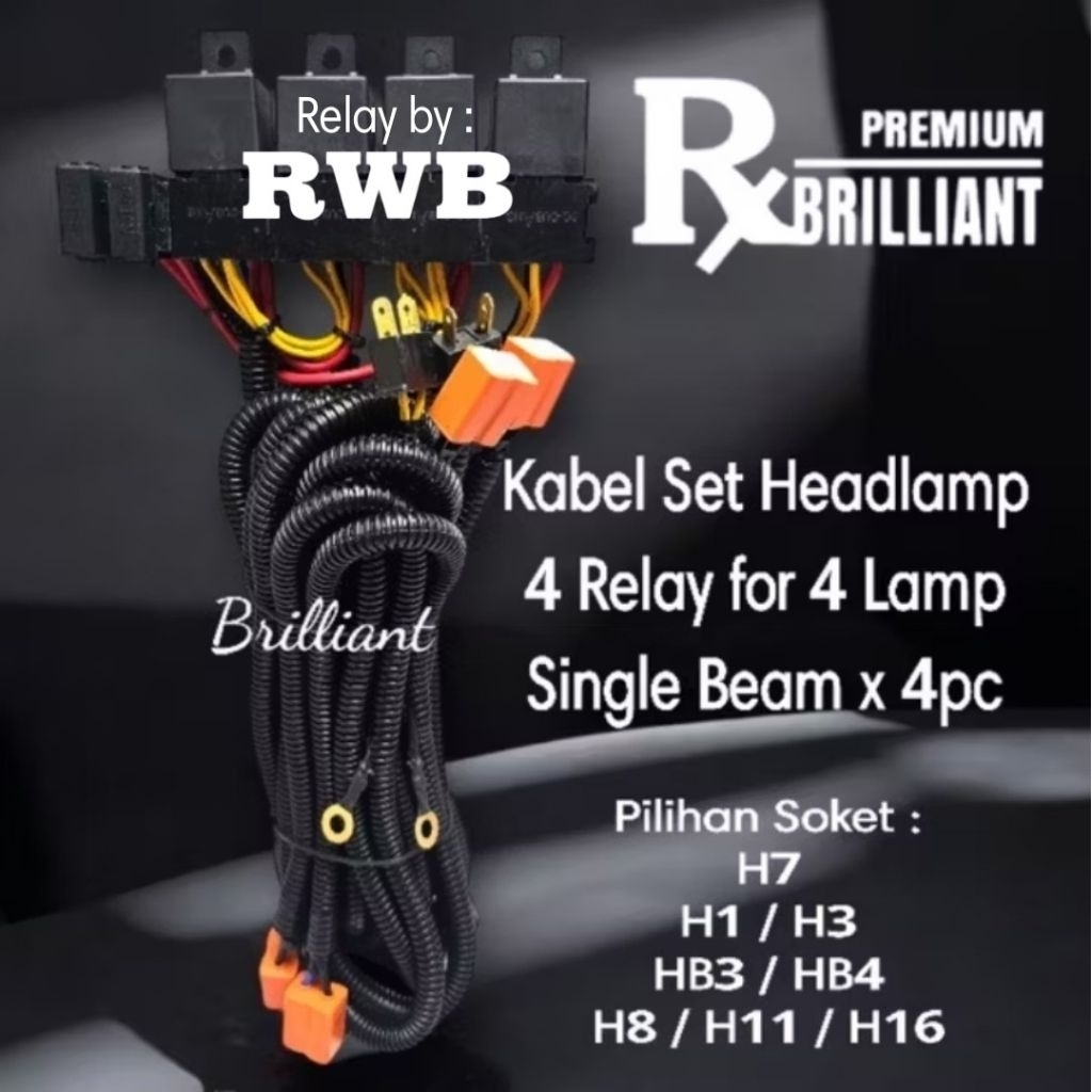 RWB - Kabel Set Relay Lampu - Headlamp Mobil Khusus 4 Lampu Single Beam - 4 Relay - H1 H3 / H7 / H8 