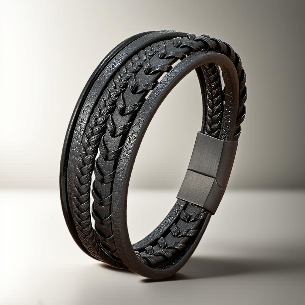 Gelang Pria Kulit Anyam Hitam-Cokelat 19cm/21cm/23cm + Bracelet Titanium & Batu Tiger Eye - Hadiah