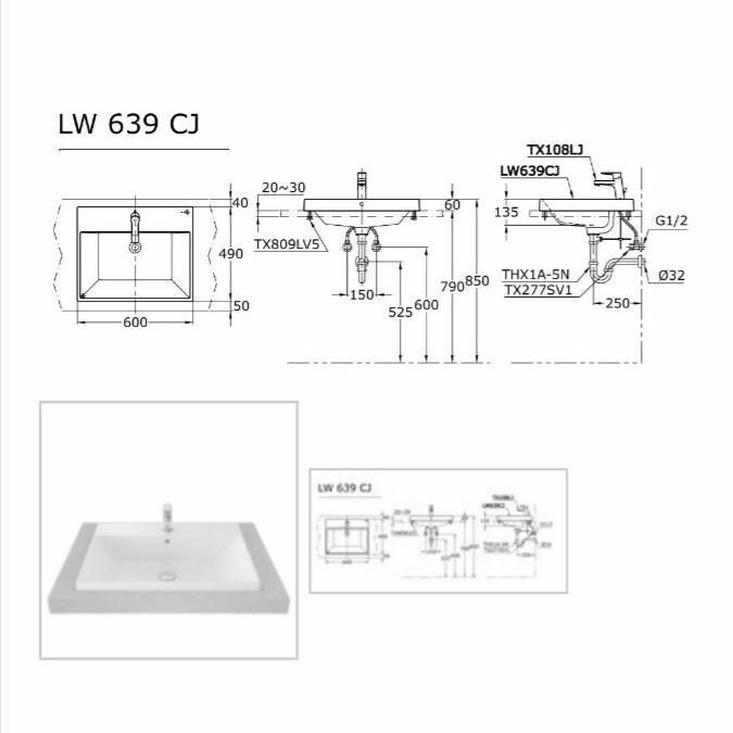 Wastafel Toto LW 639 CJ / LW639CJ Full Set Tanpa Kran Dingin