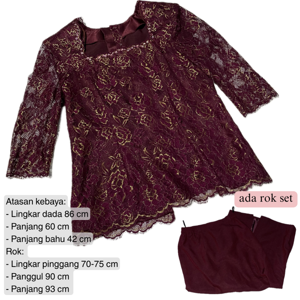 Preloved BARU NEW Kebaya Modern Simple Brokat Brukat Payet Bunga Merah Maroon + Rok Premium JUAL RUG