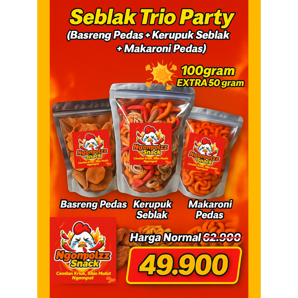 

Ngompolzz Bundling Trio Party - Basreng Ikan+Kerupuk Seblak+Makaroni Cikruh - 100 gram Extra 50 gram - Snack Pedas Krispi Viral Hemat Kekinian