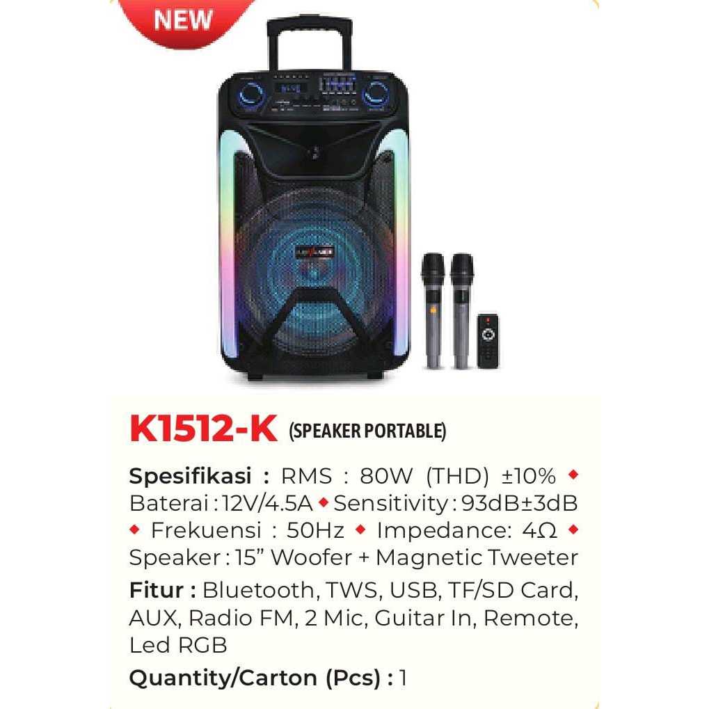 Speaker Advance K1512K / K1512-K / K1512 K Bluetooth Karaoke 15 Inch Free 2 mic Wireless