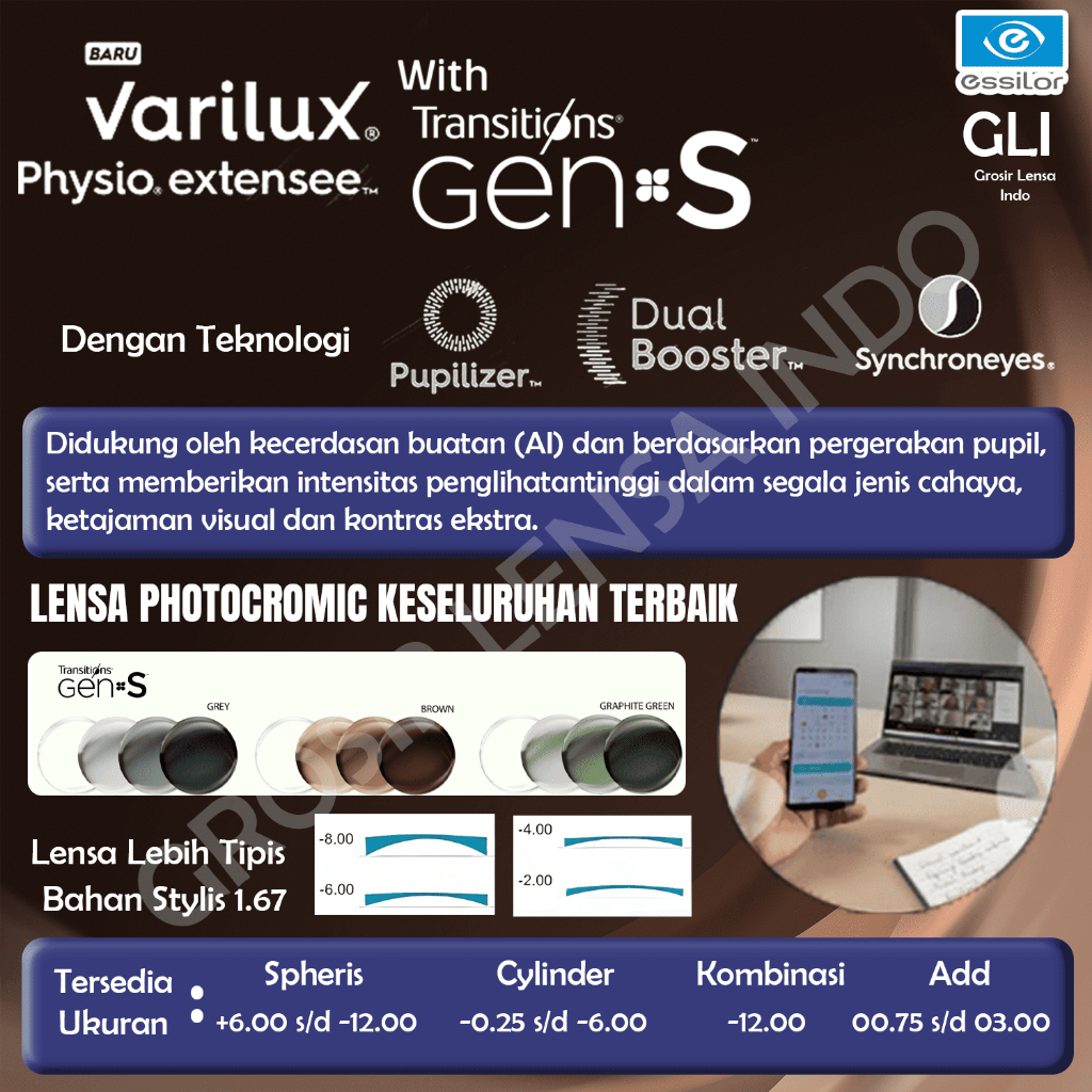 VARILUX PHYSIO EXTENSEE STYLIS 1.67 TRANSITION GEN S GARANSI RESMI ESSILOR 2 TAHUN