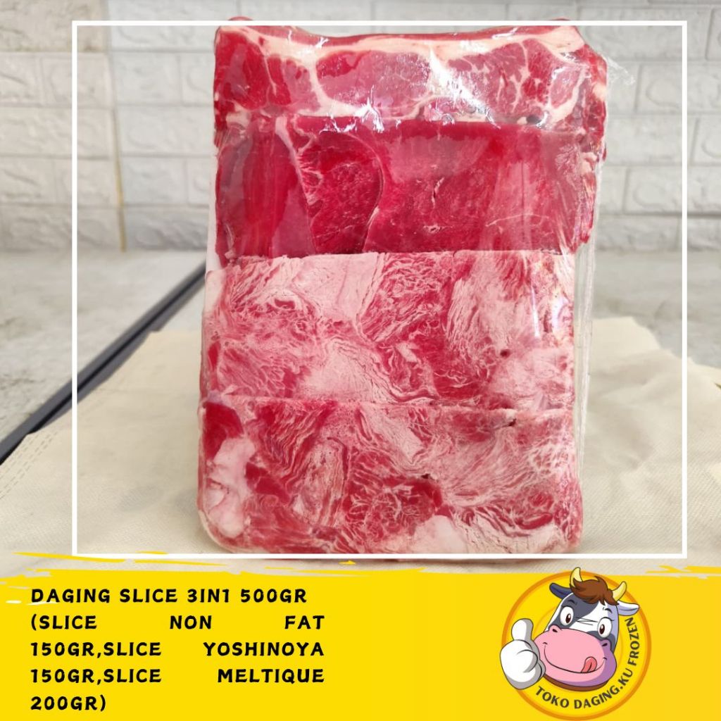 

Daging.ku Daging sapi Beef Slice 3IN1 500GR ( SLICE NON FAT 150GR, SLICE YOSHINOYA 150GR,SLICE MELTIQ 200GR)