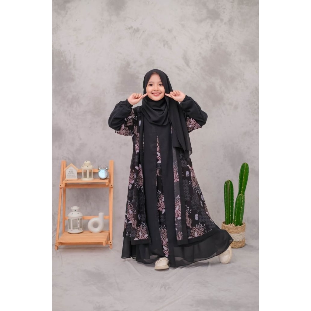 Baju Anak Perempuan Gamis Putih Hitam Printing Epson