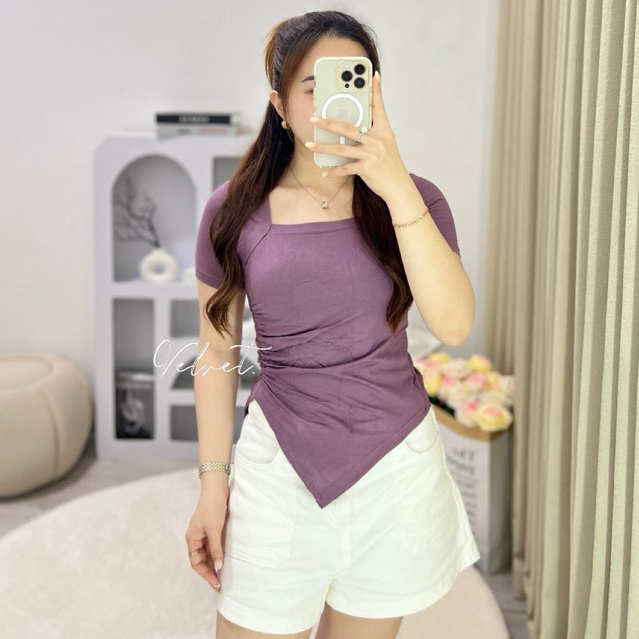 Atasan Wanita Square Neck Kerut Samping Polos / Crop Top Kerut Samping Lancip Korean 6052 bahan nyam