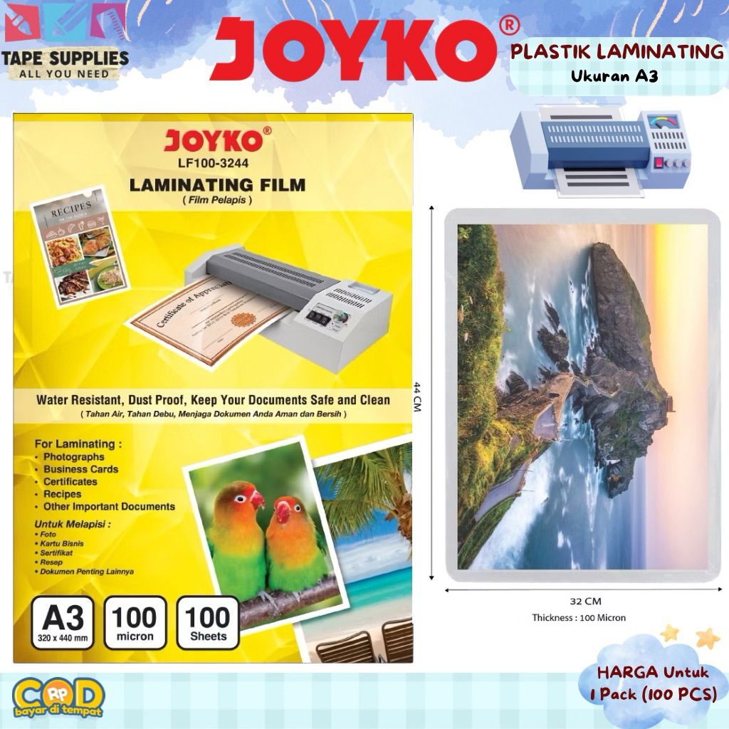 

JOYKO Plastik Laminating A3 100 Micron Isi 100 Lembar (Laminating Film)
