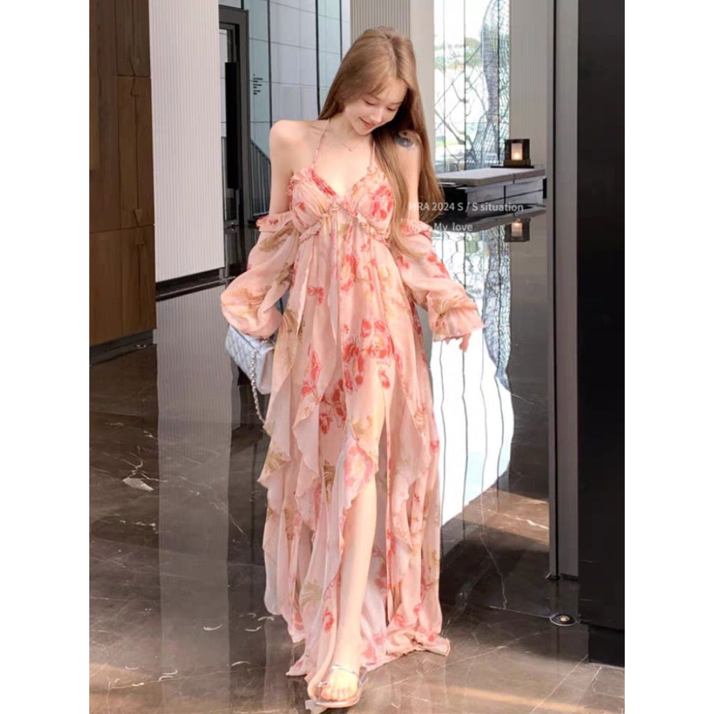 SUNNY - 244 CH long dress | flower dress peach sabrina and yeldress | dress pantai / dress sexy panj