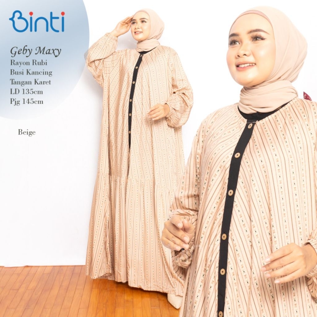 GEBY MAXY DRESS JUMBO Ld 135 BAHAN RAYON RUBI ADEM BY BINTI   Karet Muslim Panjang Formal Wanita Mot