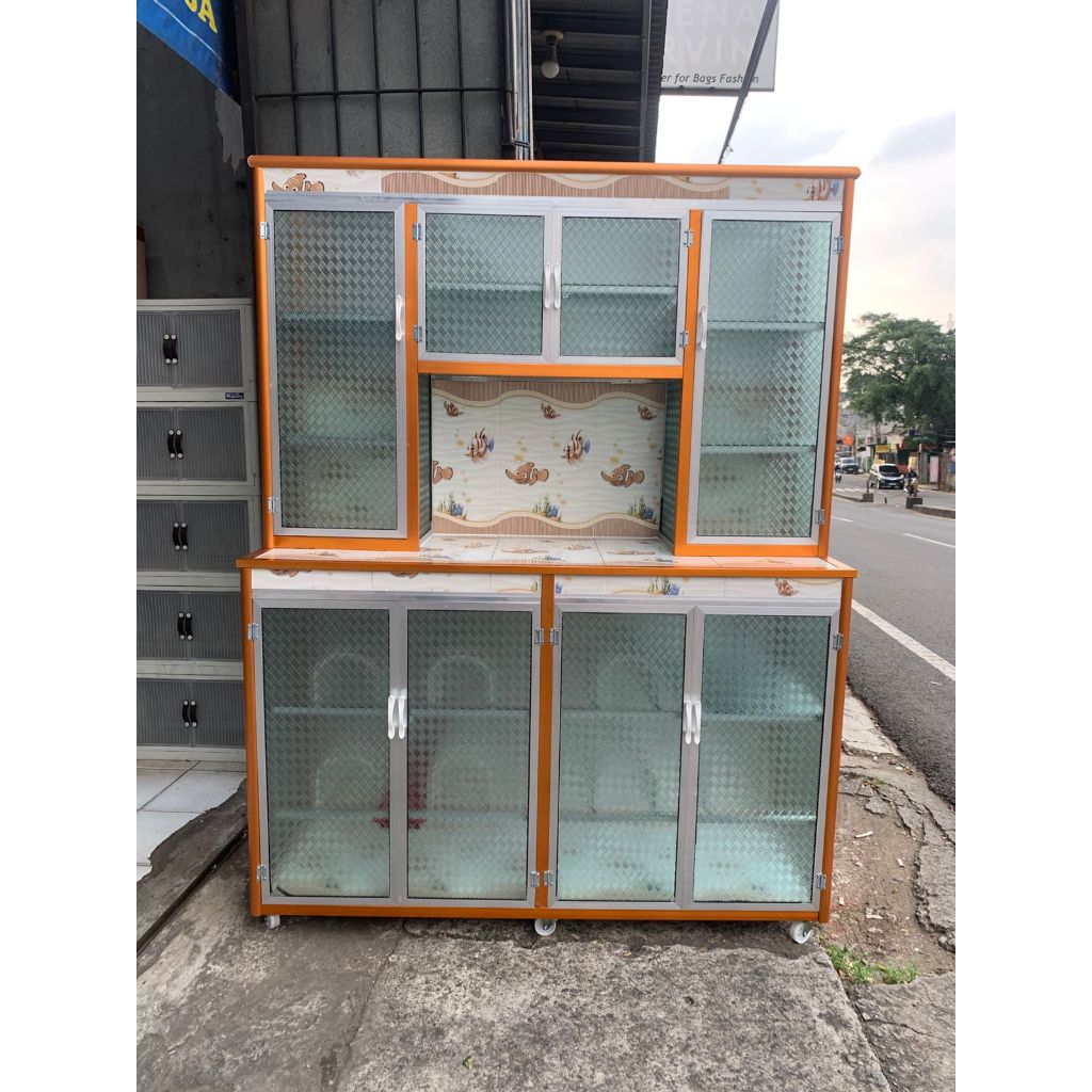 Rak Piring Aluminium Keramik 4 Pintu Rangka Tebal + Roda