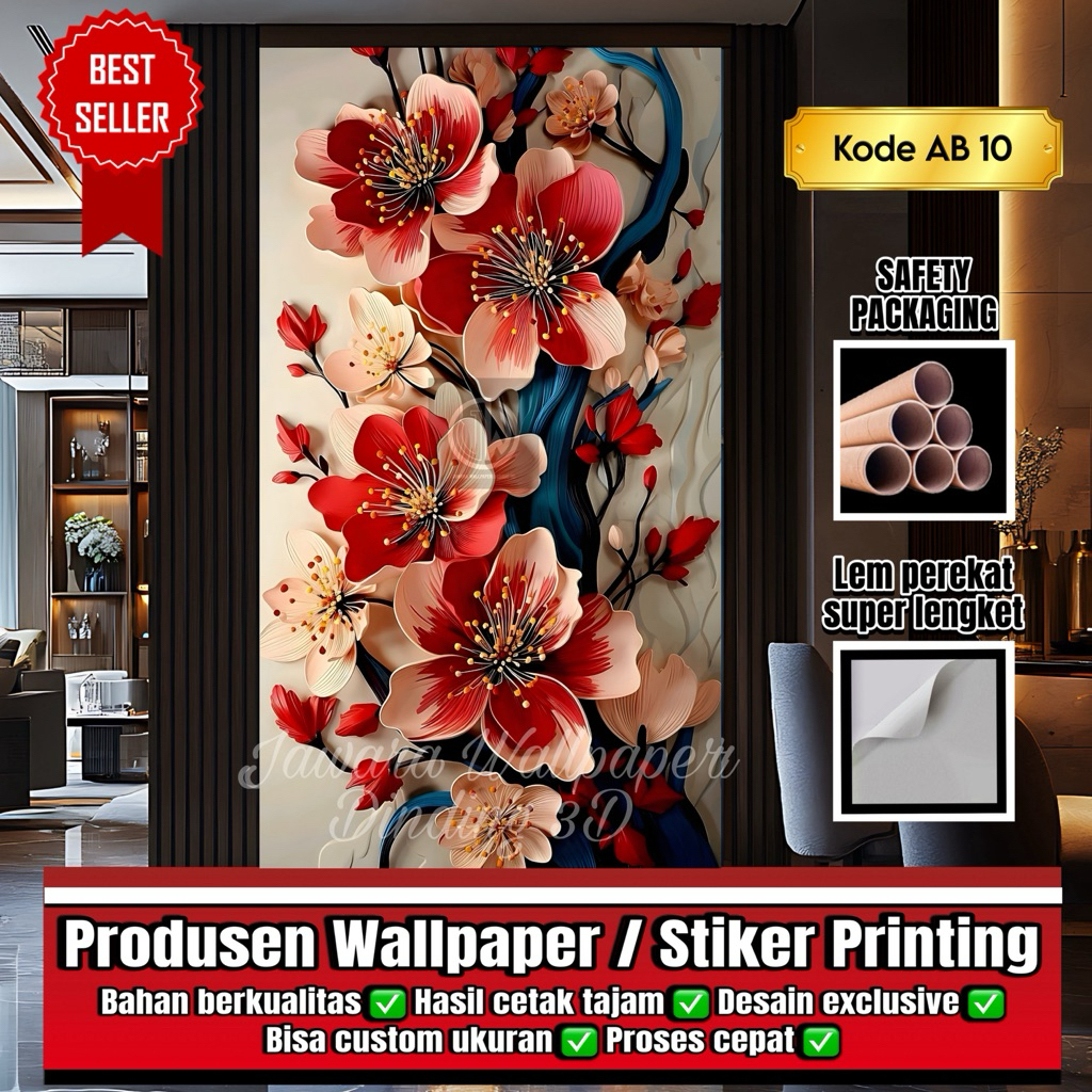 [AB 10] Wallpaper Dinding 3D Bunga Mawar Merah - Stiker Dinding Estetik Kamar - Wallmural Bunga Mawa
