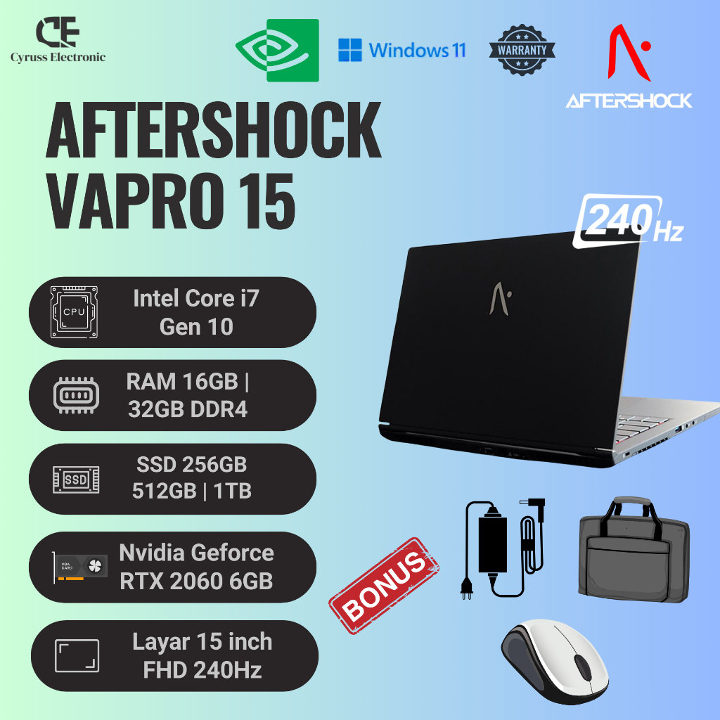 Laptop Gaming Aftershock Vapro 15 Intel Core i7 Gen 10 RAM 32GB SSD 1TB Nvidia GeForce RTX 2060 Laya