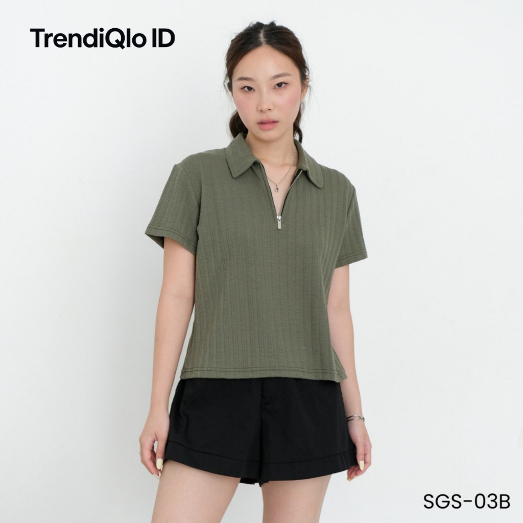 TrendiQlo ID Cali Zip Knit Polo Shirt | Atasan Lengan Pendek Rajut Berkerah Knit Wanita | Poloshirt 
