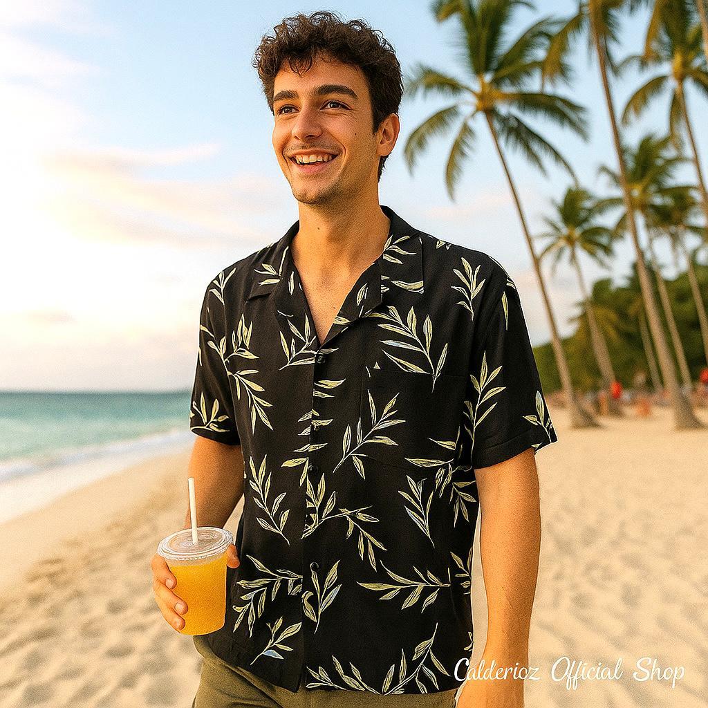 Calderioz - Kemeja Tropis Motif Daun Hitam Lengan Pendek Pria Wanita Outfit Summer Santai Casual