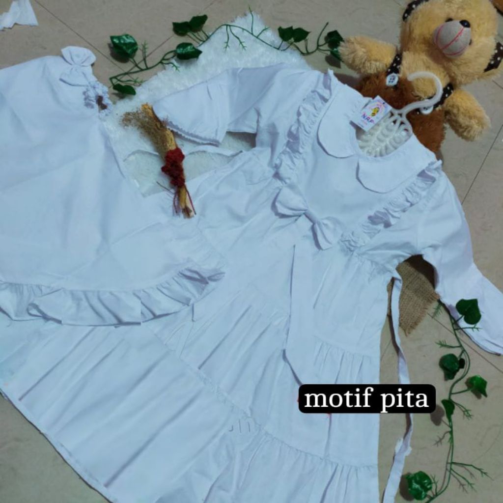 Dress muslim anak perempuan, Gamis putih anak usia TK dan SD  umur 3-13 tahun,baju manasik haji, set