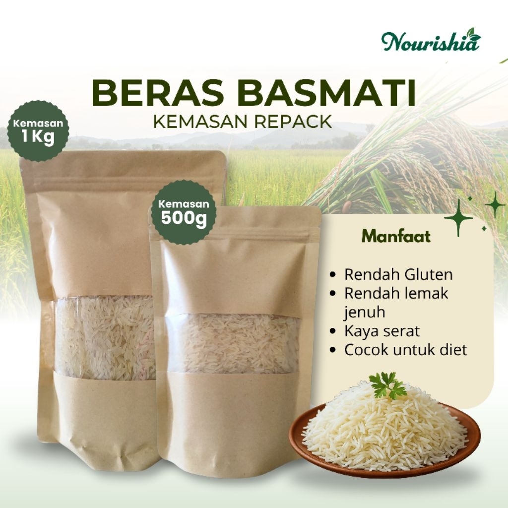 

Beras Basmati 1kg dan 500 g/ Beras Basmati Khas Saudi Arabia - Beras Nasi kebuli - Kemasan repack 1 kg dan 500 g