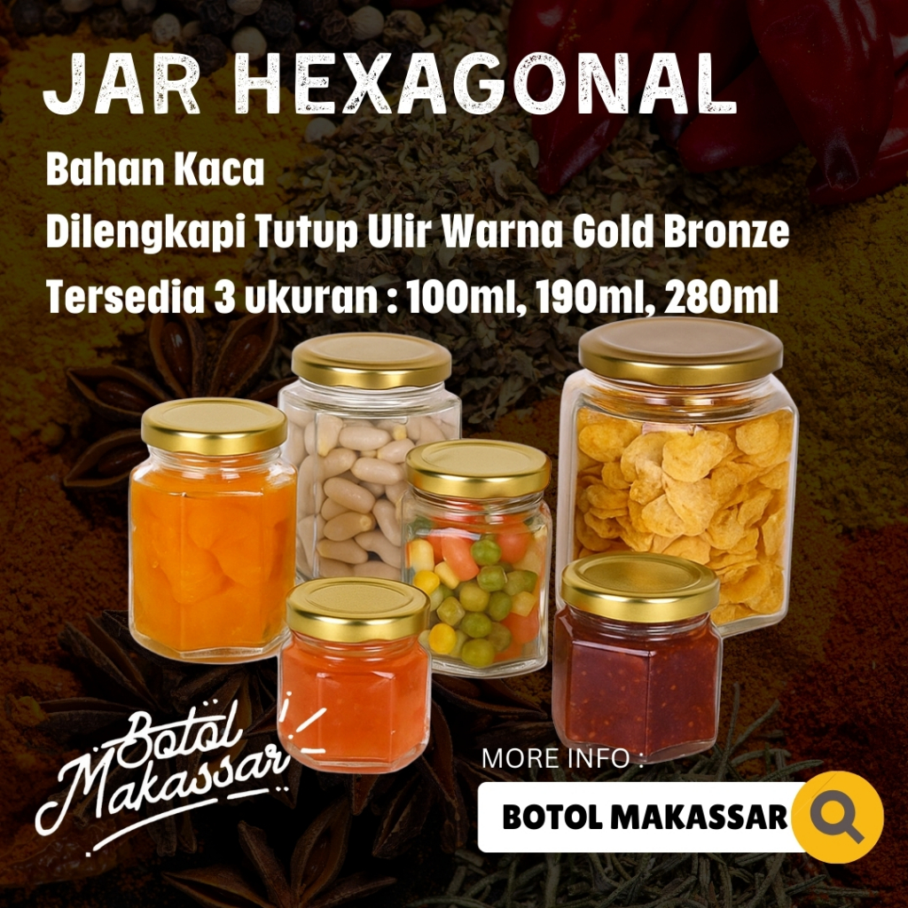 Jar Kaca Hexagonal | Ukuran 100ml, 190ml, 280ml  ( Jar Kaca Unik Bentuk Hexagonal )