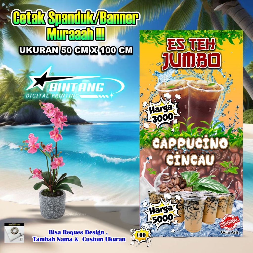 Spanduk Banner Es Teh Jumbo / Spanduk Es Cappucino Cincau Ukuran 50 cm x 100 cm