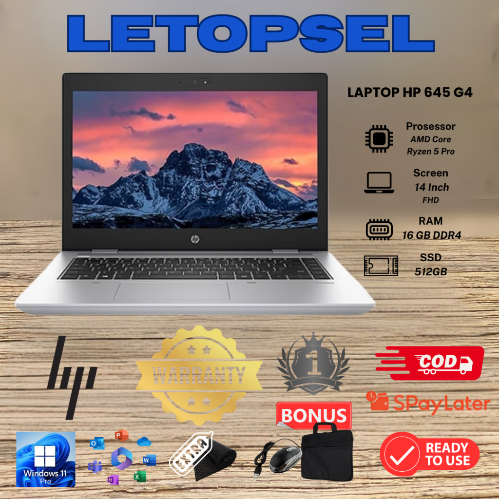 Laptop HP Probook 645 G4 Ryzen 5pro RAM 16GB/512GB SSD WINDOWS 10PRO FREE MOUSE DAN TAS