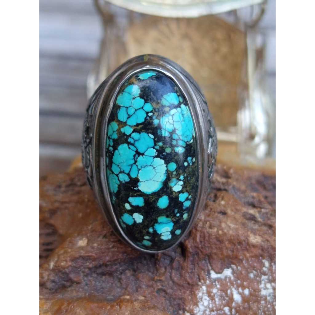 Natural Pirus Tibet Biru Tosca Beras Wutah Ring Koin HM Ukir HOBO