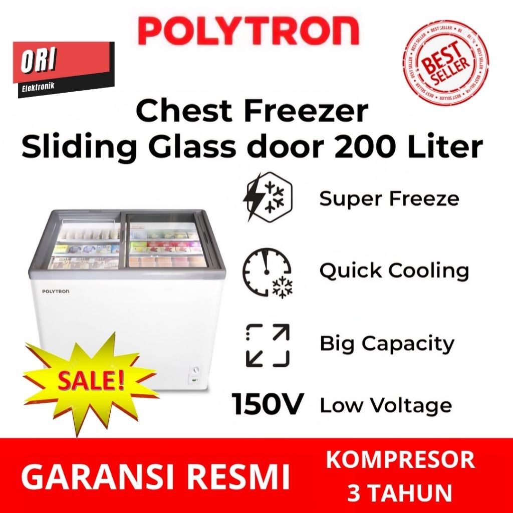 POLYTRON CHEST FREEZER SLIDING GLASS 200 LITER PCF-229 BOX PEMBEKU TUTUP KACA GESER