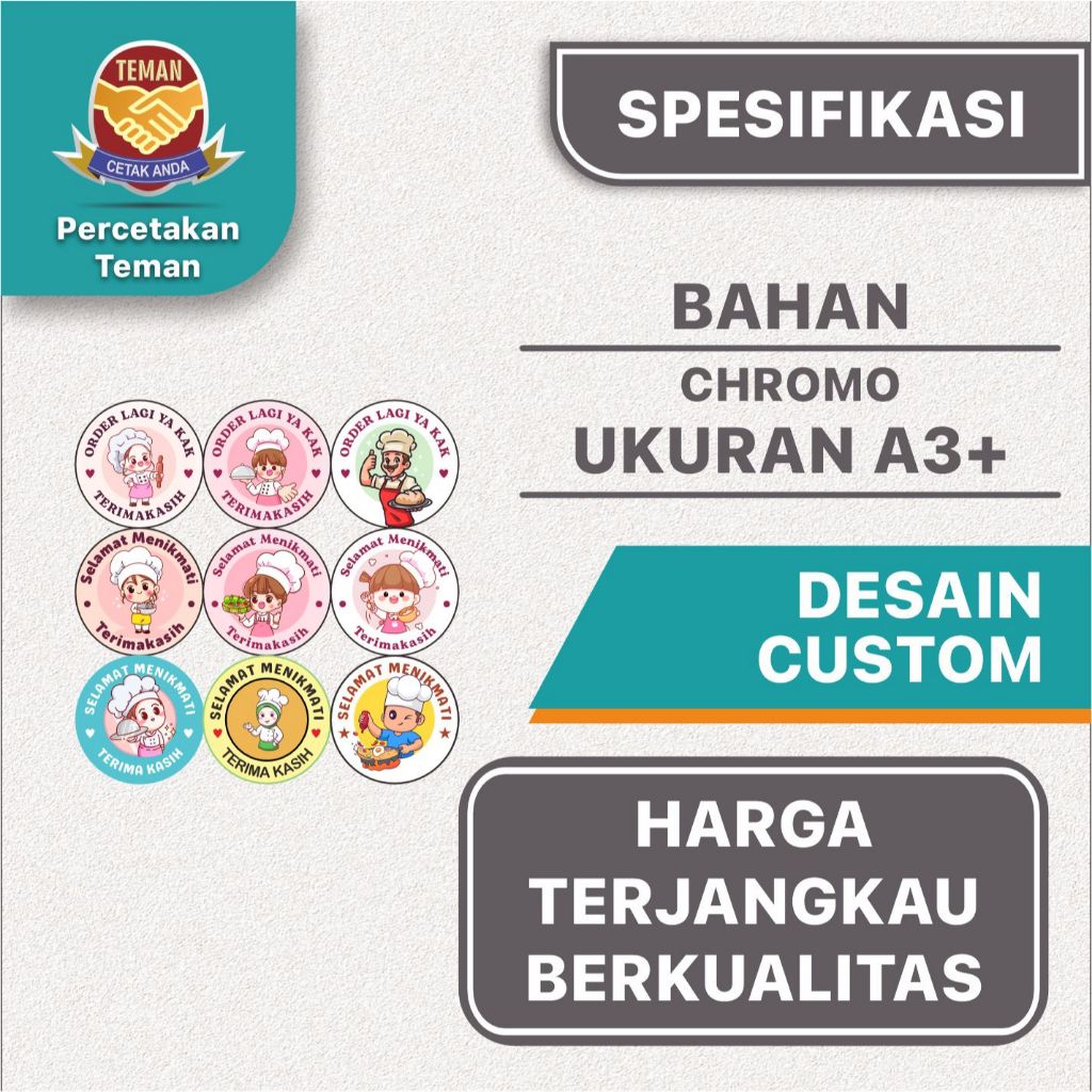 

STIKER THANK YOU / TERIMA KASIH / SELAMAT MENIKMATI, CHROMO A3+ CUTTING ISI 150 PCS