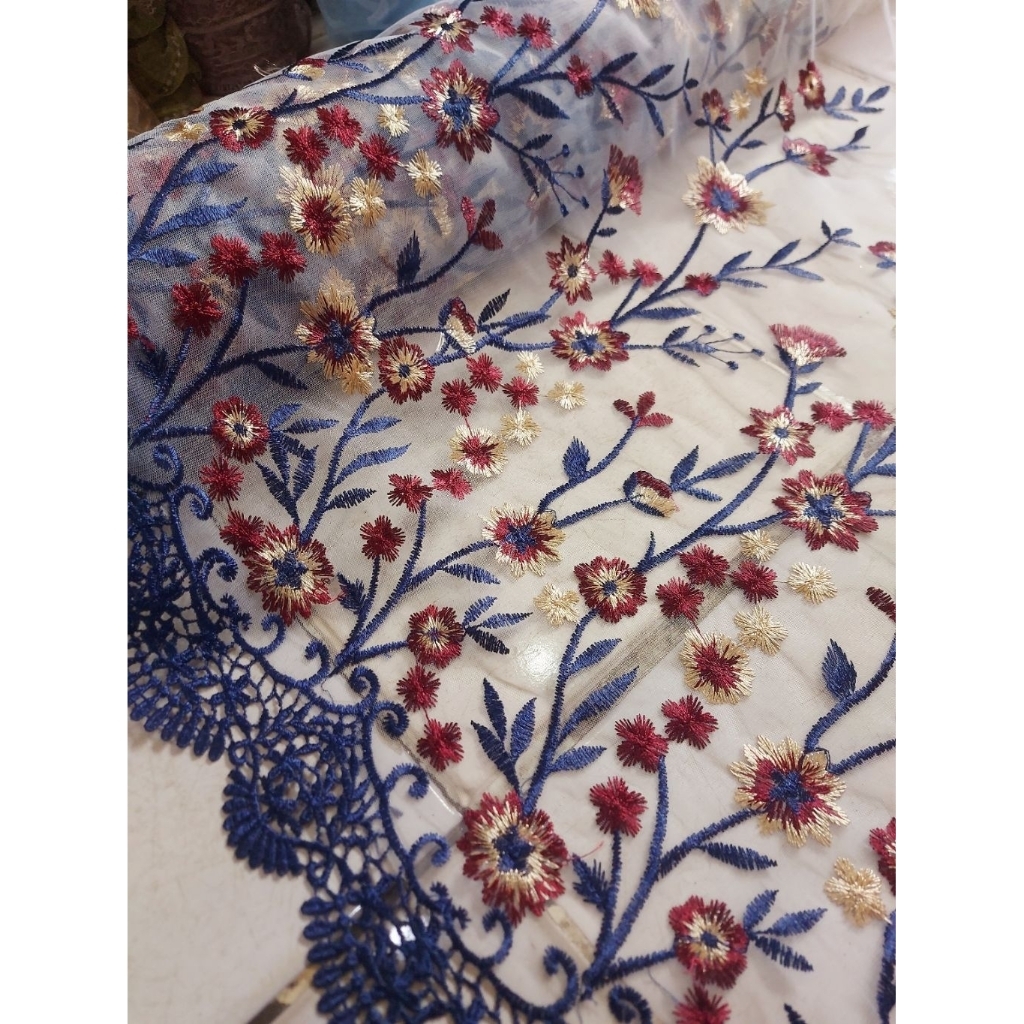 kain tile bordir Premium  - kain tile garden  - kain tile bordir original ( biru navy ) zr